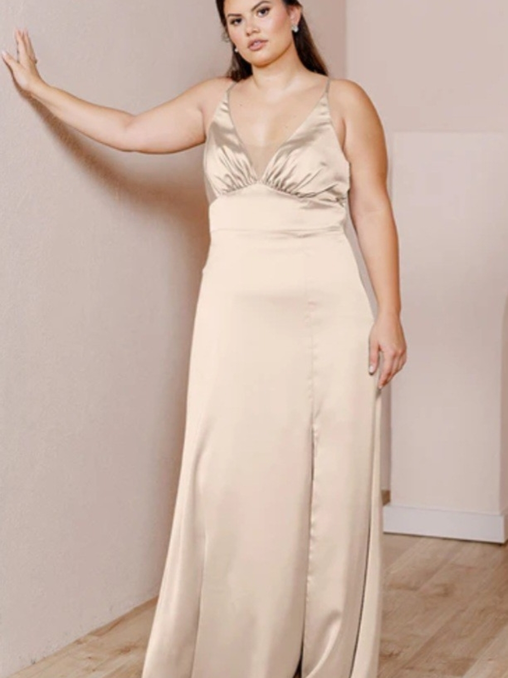 Revelry Champagne Satin V-Neck Gown